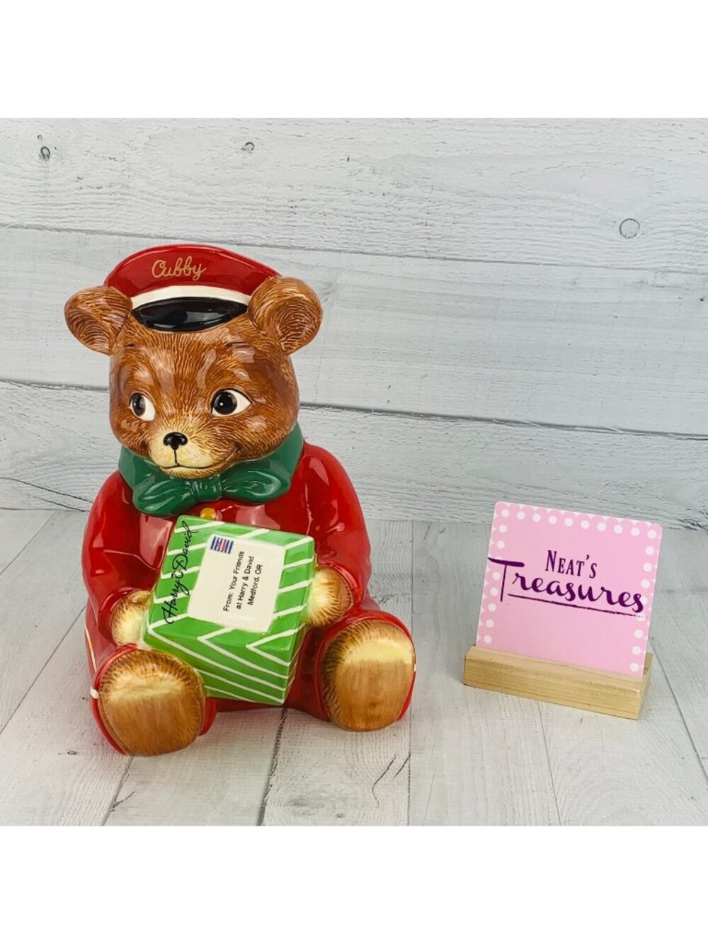 2010 Harry And David CUBBY Bear Red Outfit Green Gift Box Ceramic Cookie Jar
